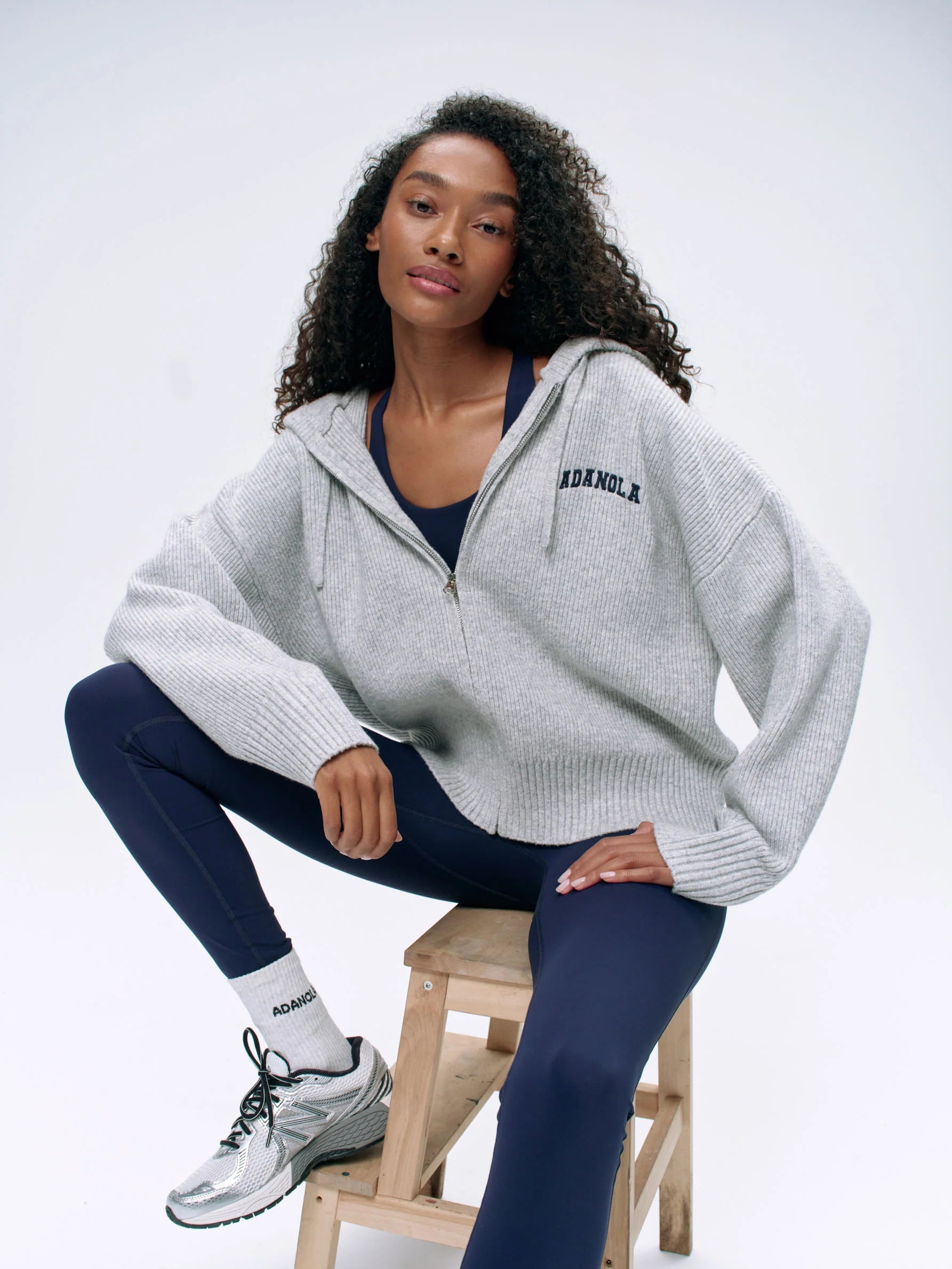 Varsity Hooded Knit Bomber Jacket - Light Grey Melange