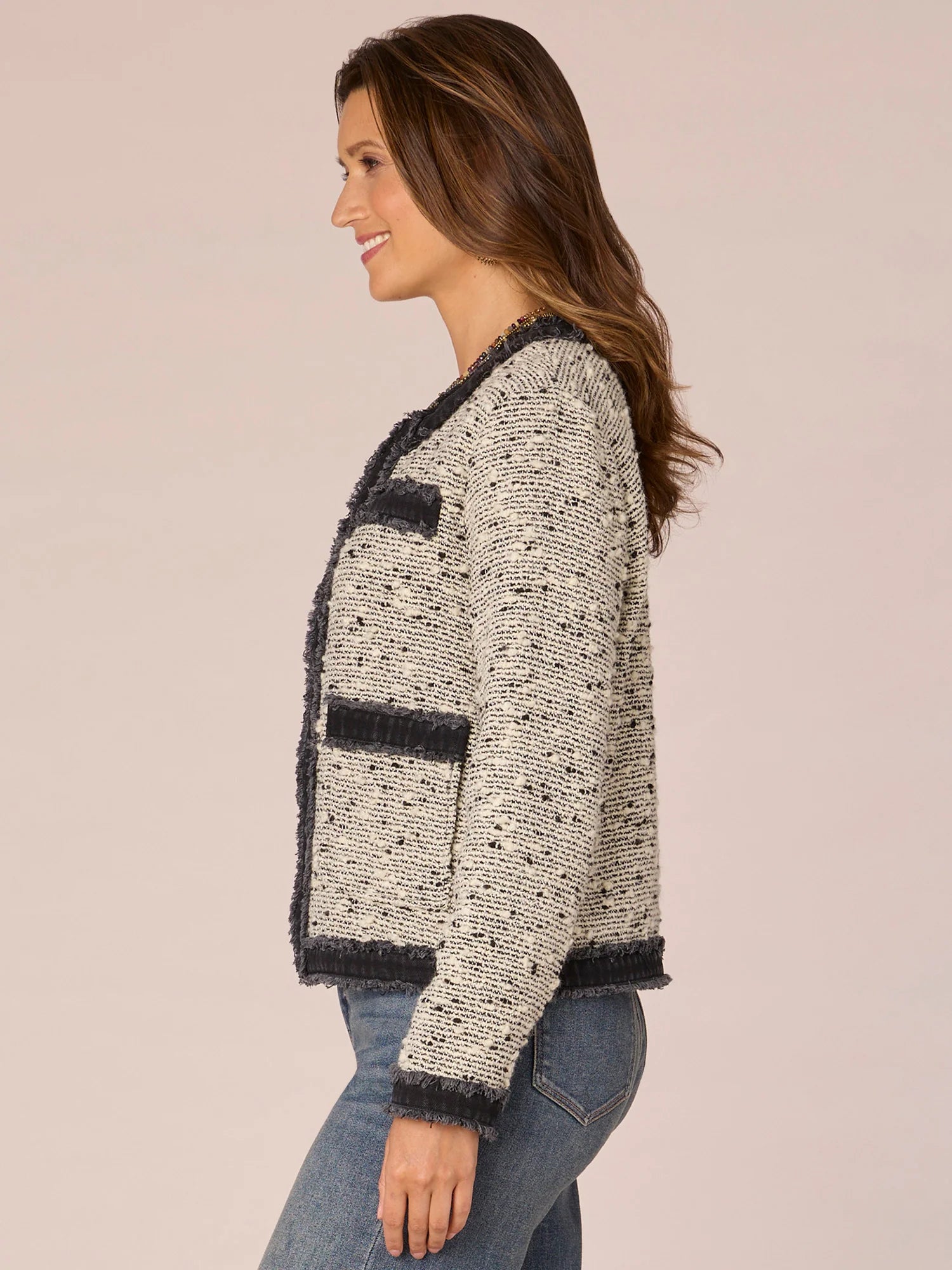 Long Sleeve Open Front Round Neck Denim Framed Fray Jacket