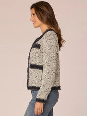 Long Sleeve Open Front Round Neck Denim Framed Fray Jacket