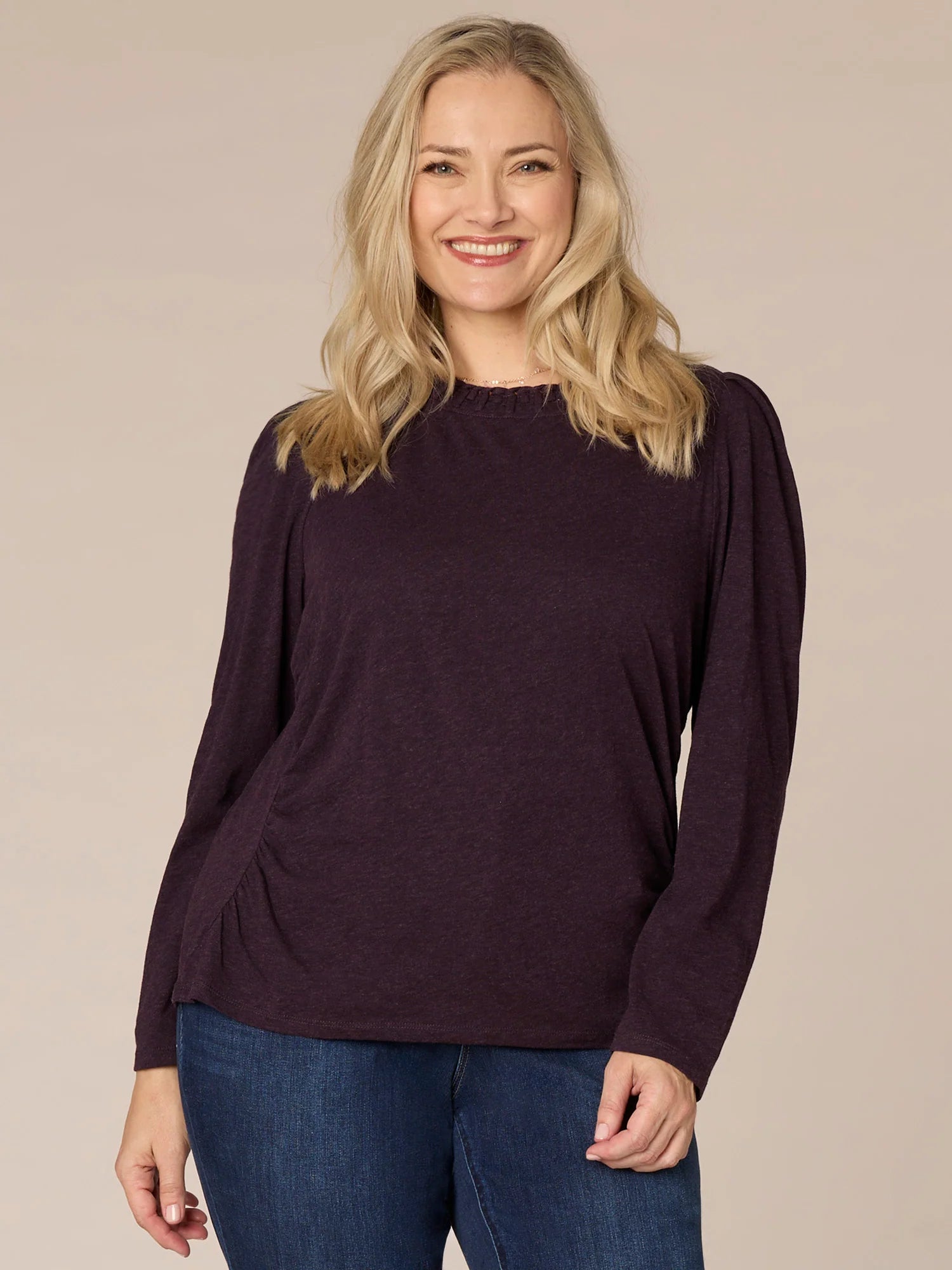 Long Sleeve Ruched Plus Size Knit Top with Soutache Embroidered Neck