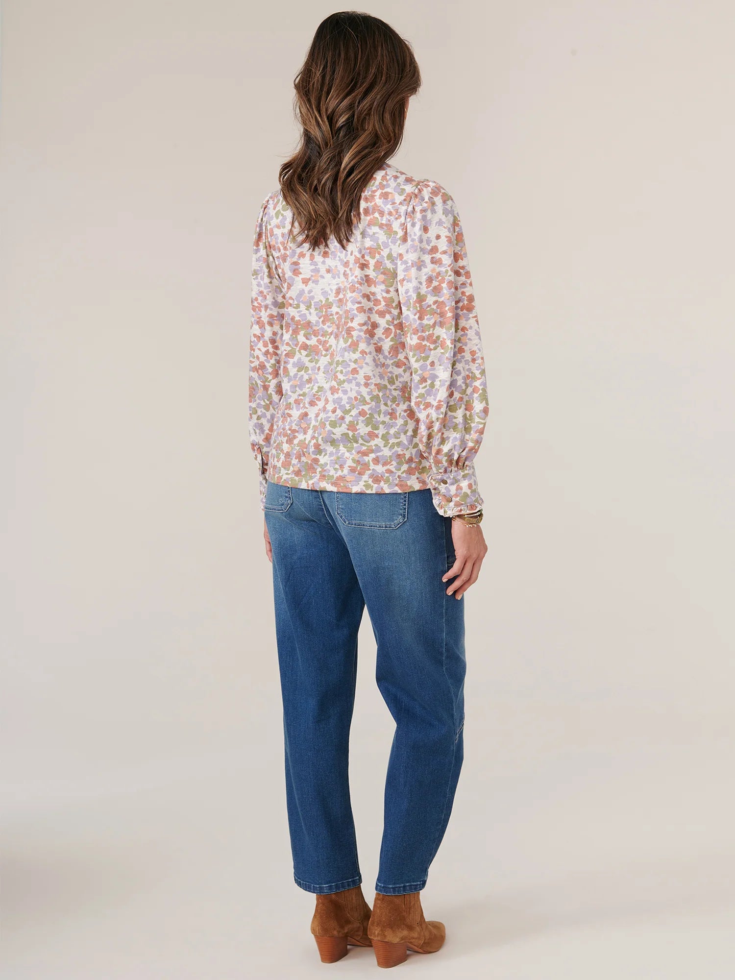 Long Ruffle Button Cuffed Sleeve Wide V-Neck Printed Knit Top