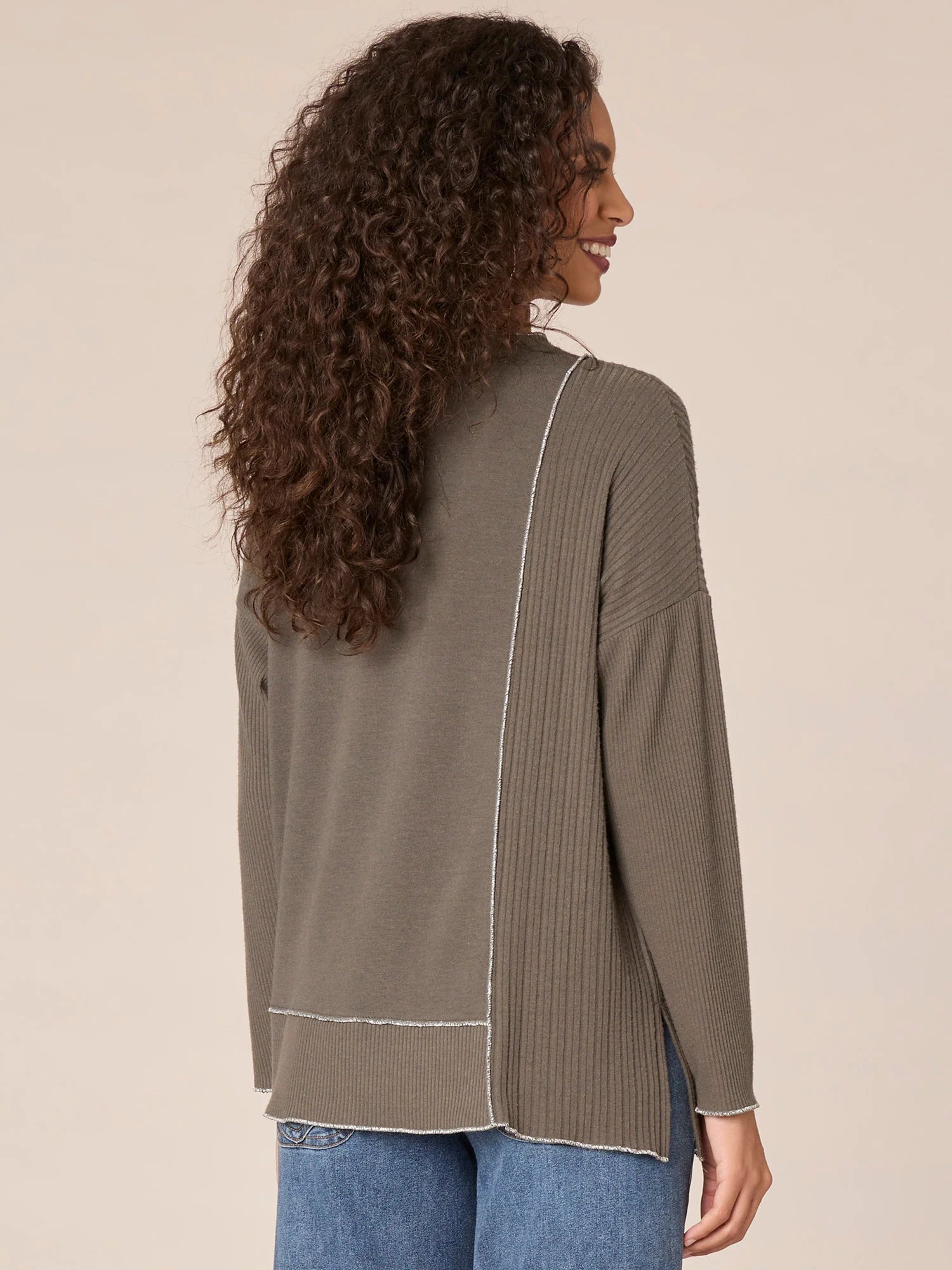 Long Sleeve Scoop Neck Asymmetrical Hem Mixed Media Knit Top