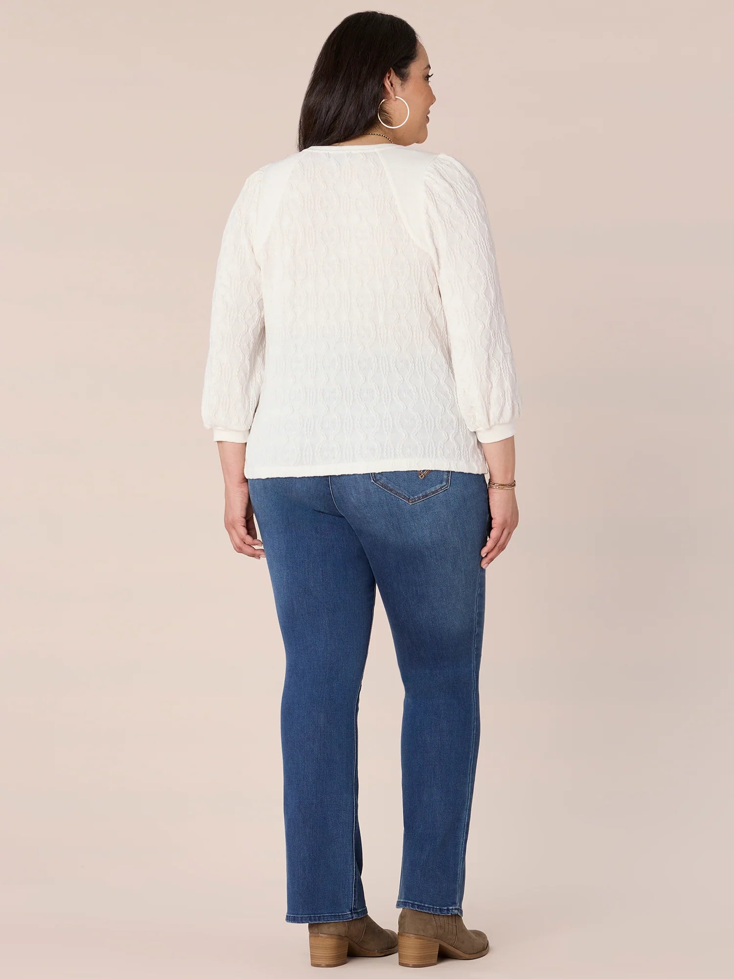 Three Quarter Sleeve Wide V-Neck Plus Size Mixed Media Knit Top