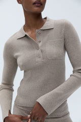 Knit Long Sleeve Button Up Top - Sand