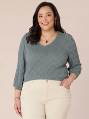 Three Quarter Sleeve Wide V-Neck Plus Size Mixed Media Knit Top