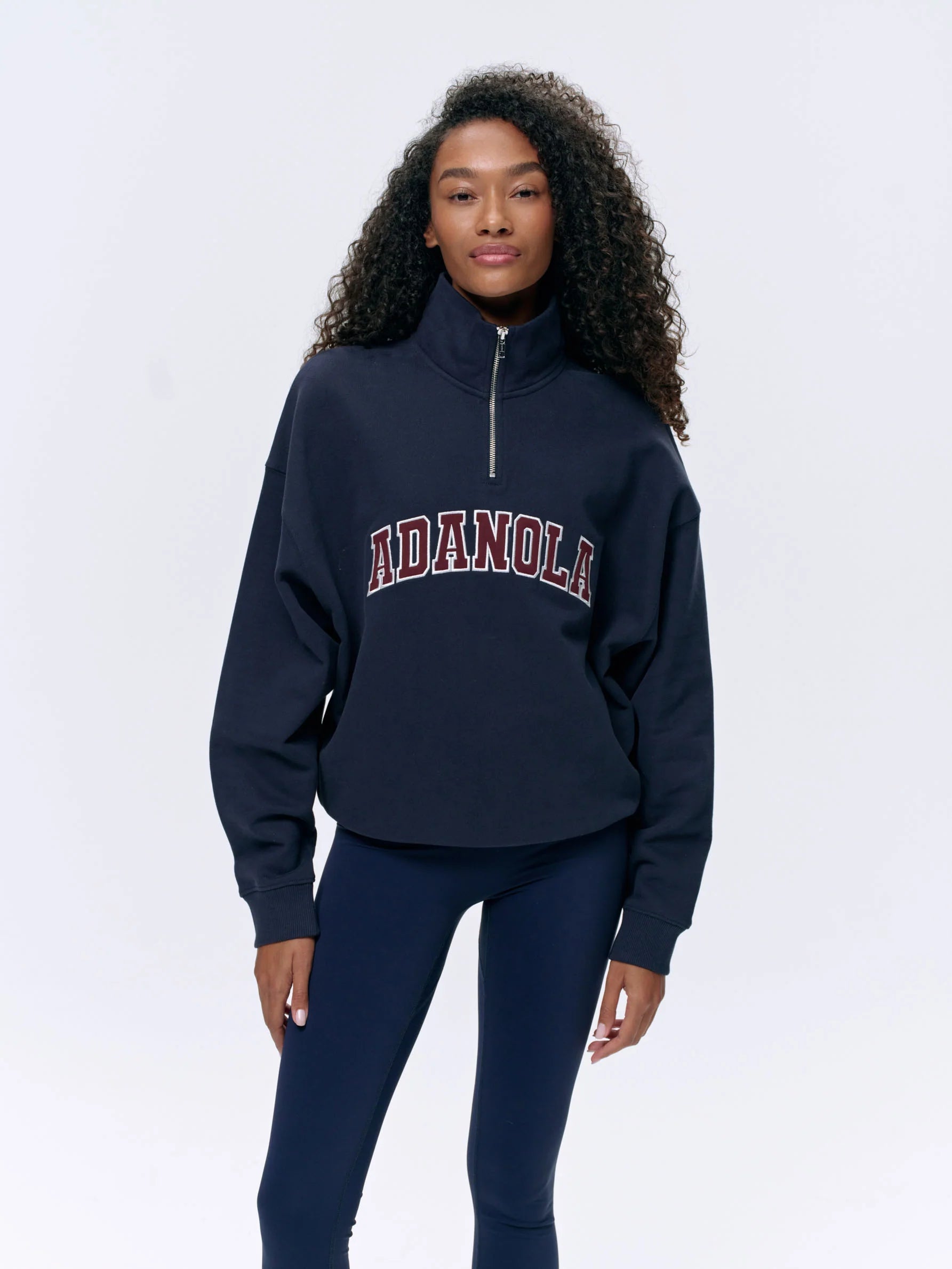 Varsity Relaxed Funnel Neck Zip Sweatshirt - Navy Blue/Burgundy