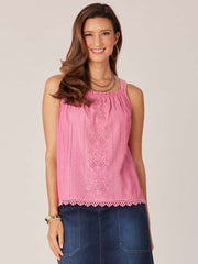 Wide Strap Ruched Square Neck Embroidered Scallop Edge Woven Tank Top