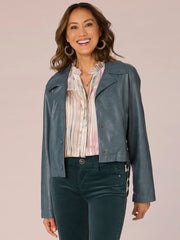 Long Sleeve Button Front Cropped Moto Jacket with Lace Down Sides