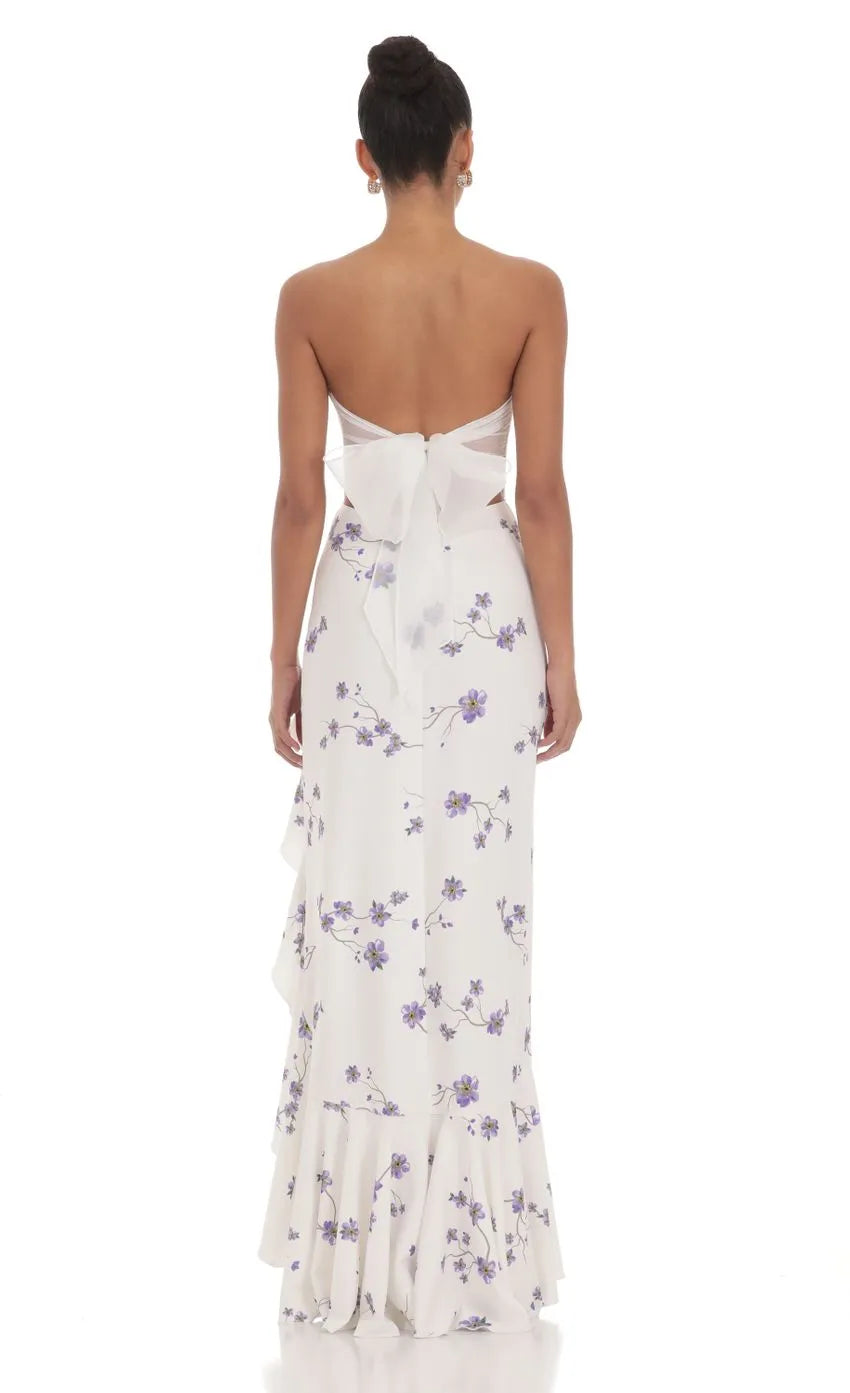 Strapless Back Bow Corset Maxi Dress in Navy