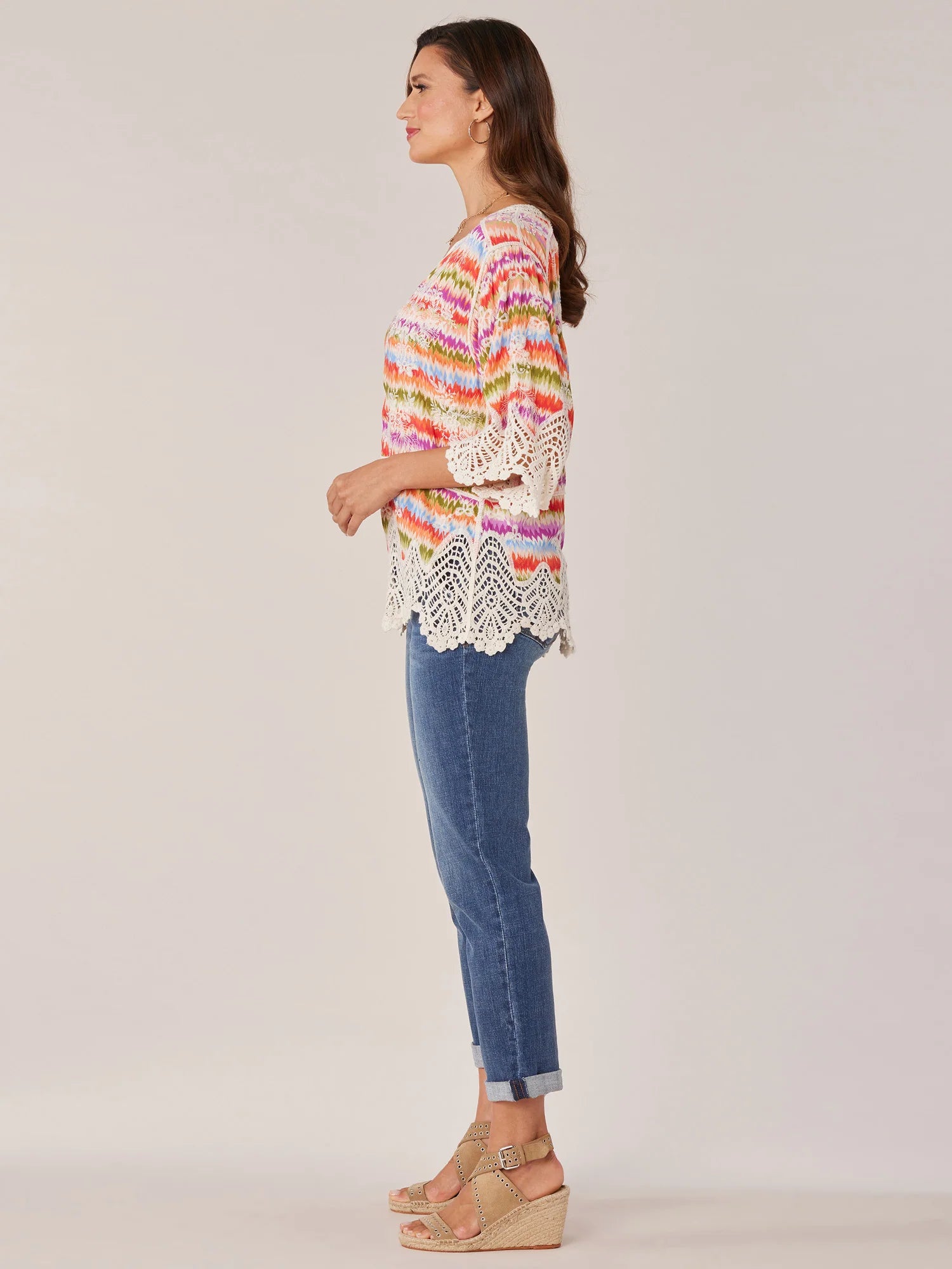Three Quarter Sleeve V-Notch Neck Peplum Crochet Printed Woven Top
