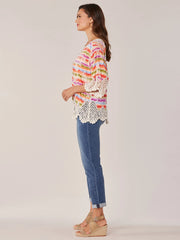 Three Quarter Sleeve V-Notch Neck Peplum Crochet Printed Woven Top