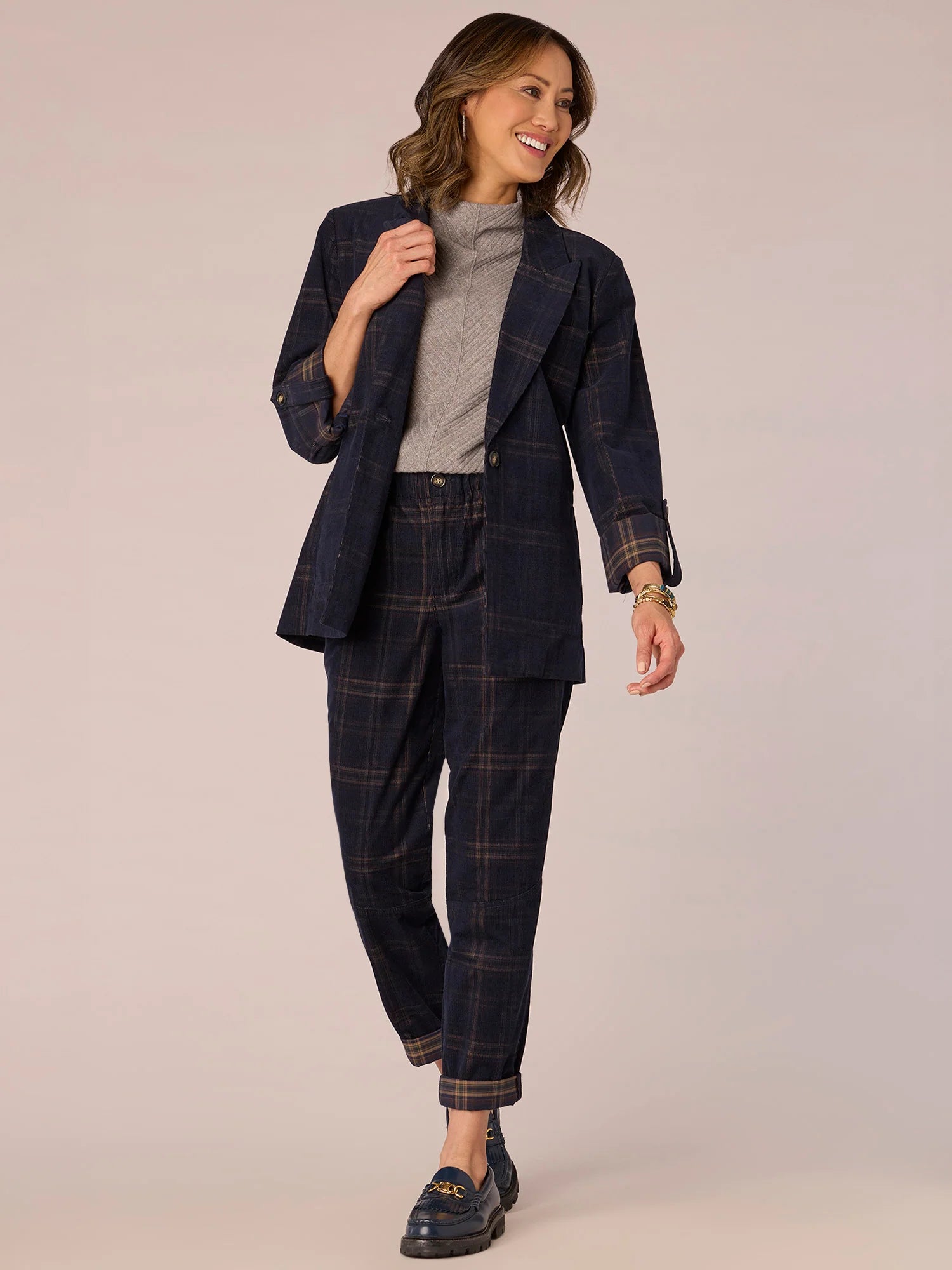 Long Sleeve Roll Tab Single Button Princess Seam Plaid Woven Blazer