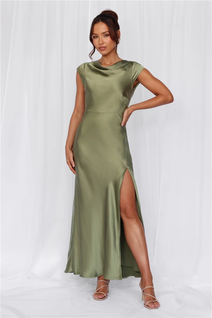 Beacnlady The Valentina Cap Sleeve Satin Maxi Dress Olive