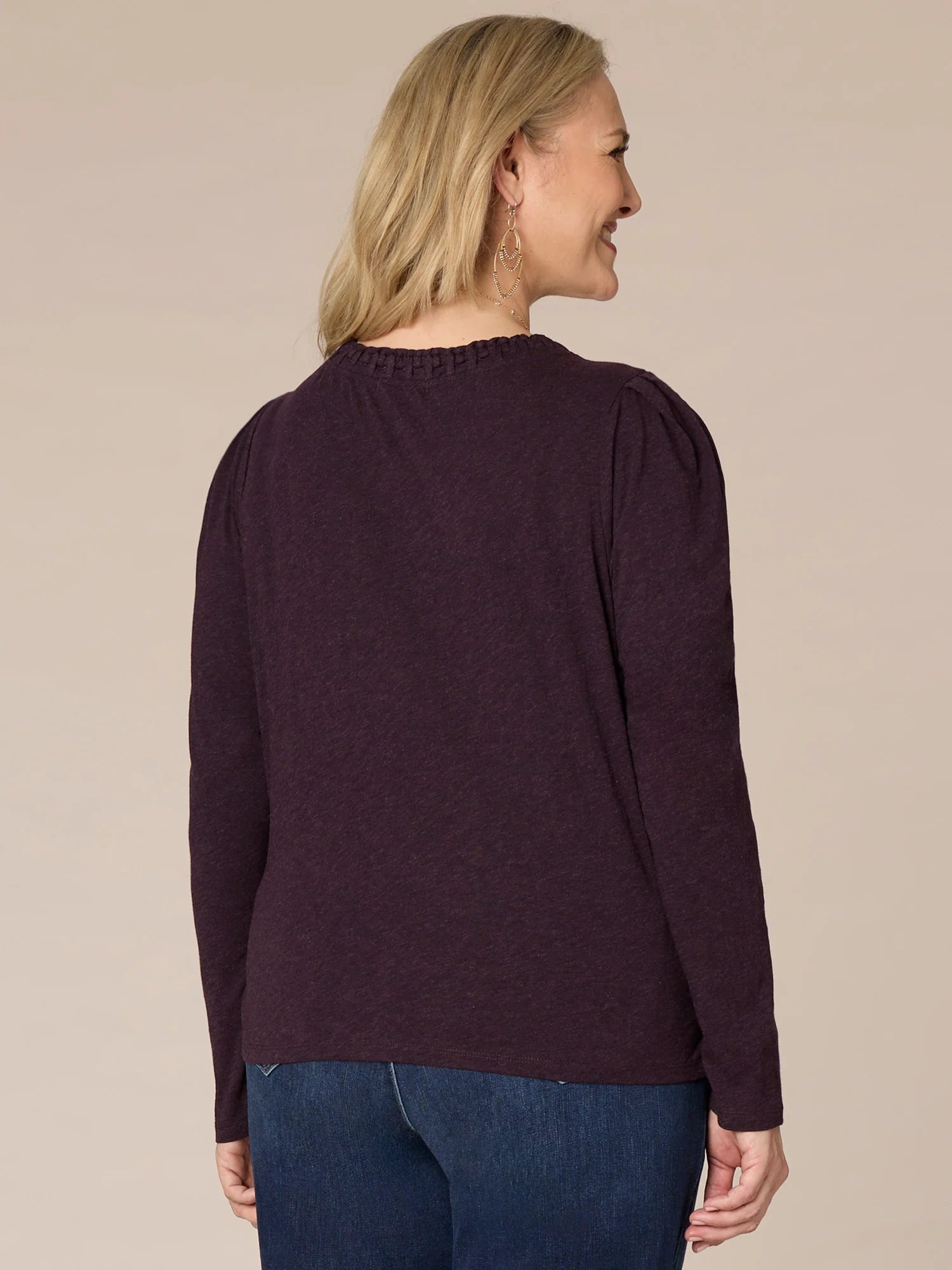 Long Sleeve Ruched Plus Size Knit Top with Soutache Embroidered Neck