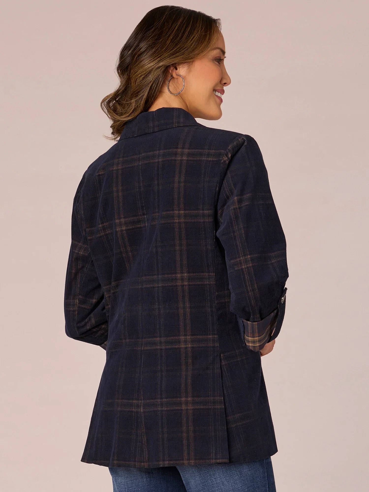 Long Sleeve Roll Tab Single Button Princess Seam Plaid Woven Blazer