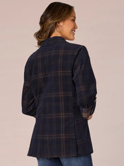 Long Sleeve Roll Tab Single Button Princess Seam Plaid Woven Blazer