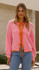 Hazina Tie Long Sleeve Knit Top - Pink / Orange