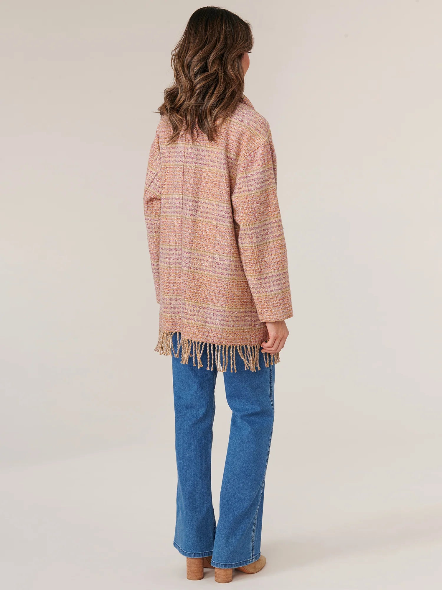 Long Sleeve Attached Scarf Dual Entry Pocket Tubular Fringe Plaid Coat