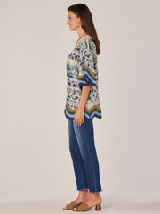 Three Quarter Sleeve Wavy Crochet Border Printed Kimono