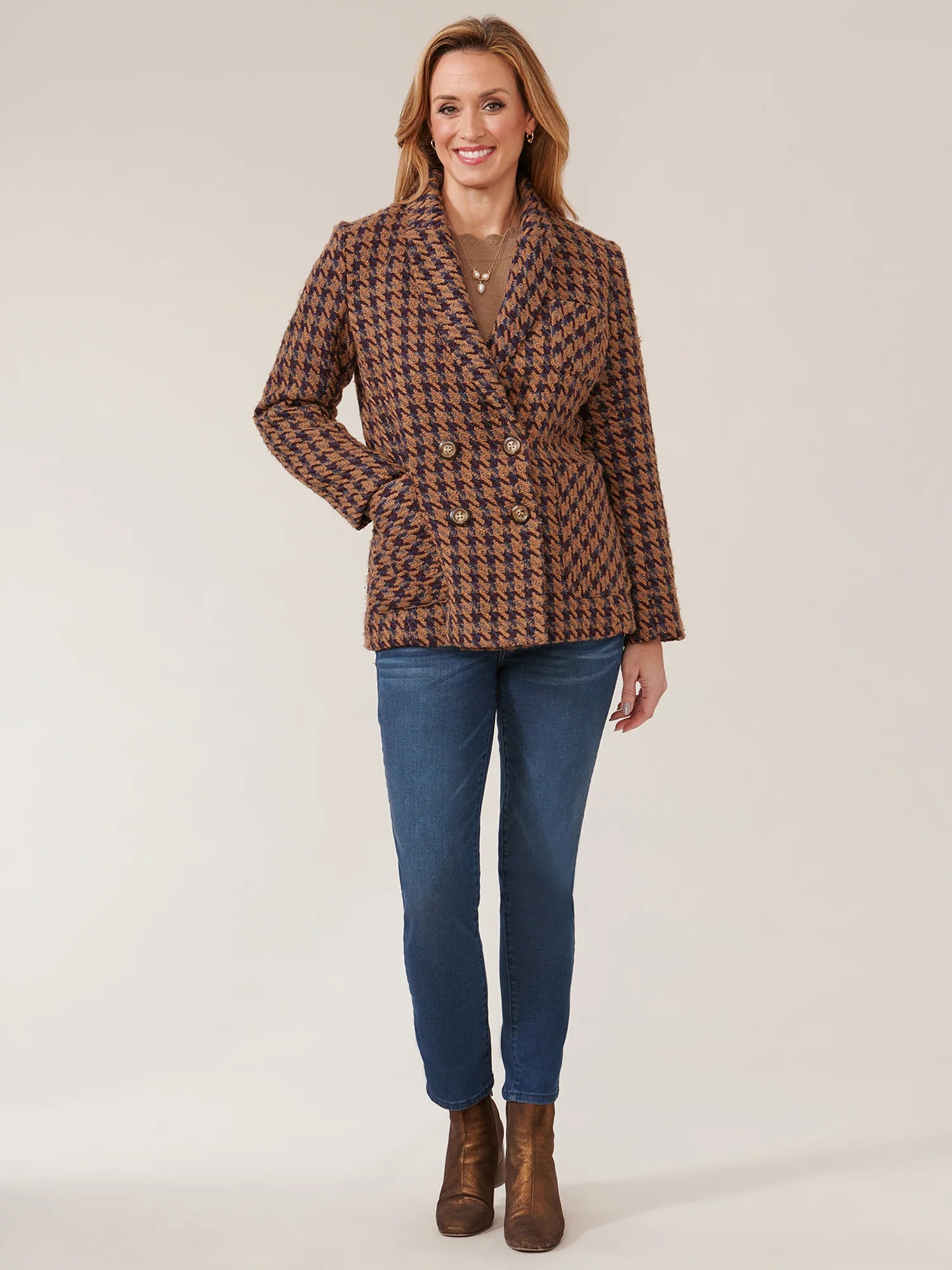 Long Sleeve Patch Pocket Houndstooth Double Breasted Blazer