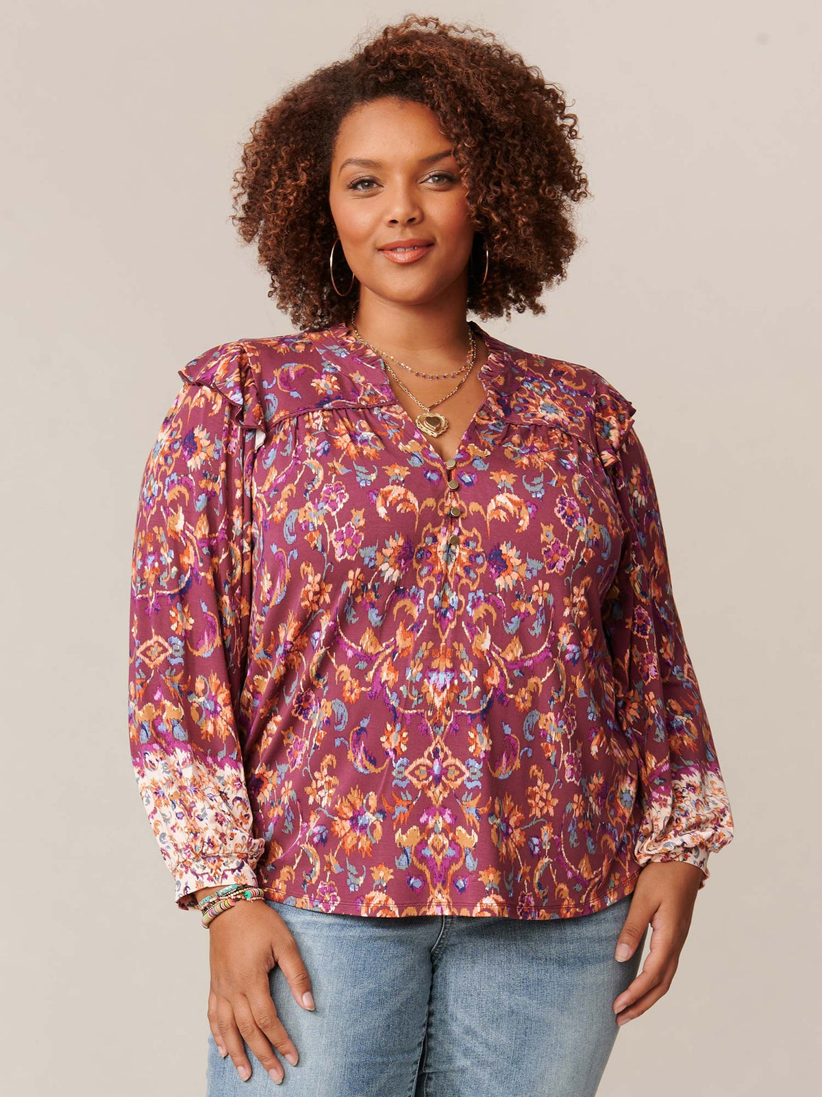 Long Sleeve Ruffle Collar Abstract Placement Print Plus Knit Top