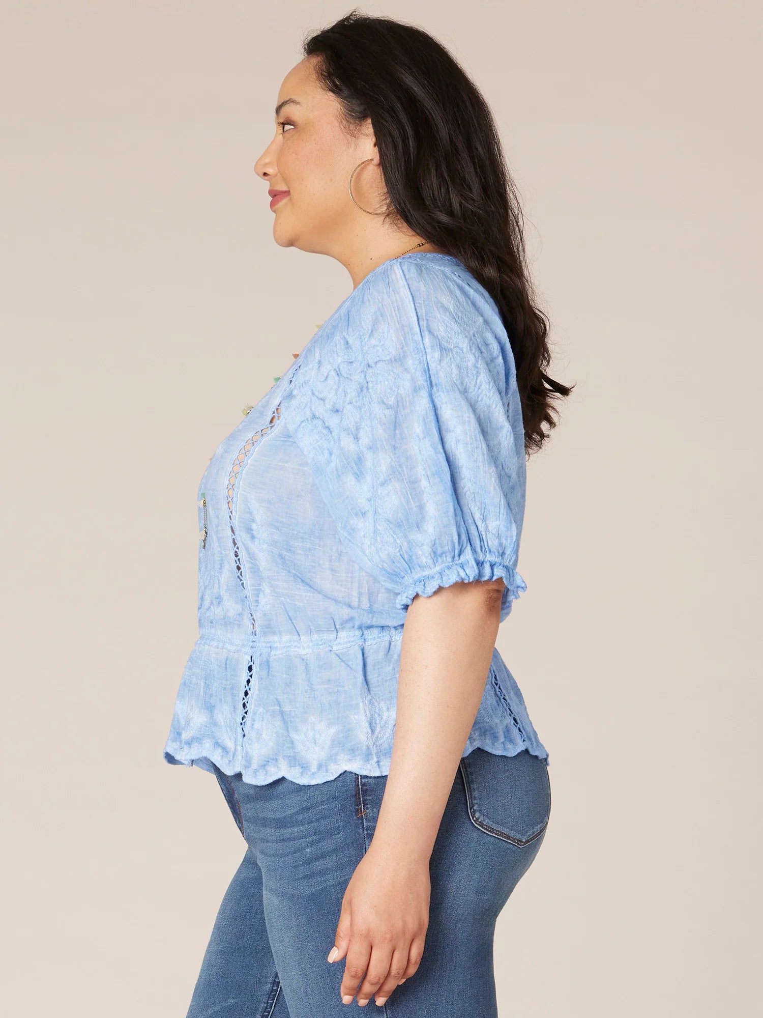 Three Quarter Sleeve Square Neck Mineral Wash Plus Size Woven Top