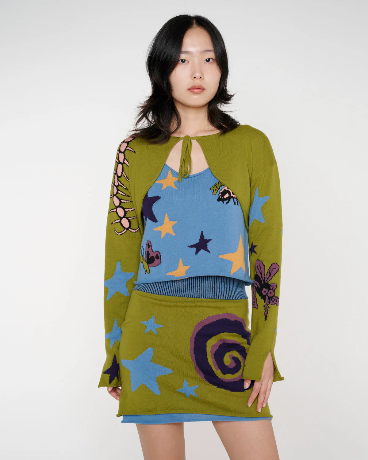 Buggin' Out Neppy Bolero Sleeve Cardigan & Top Set - Olive