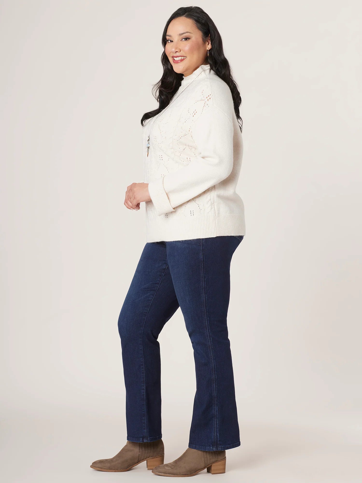 Long Roll Sleeve Funnel Necked Popcorn Stitch Front Plus Size Sweater