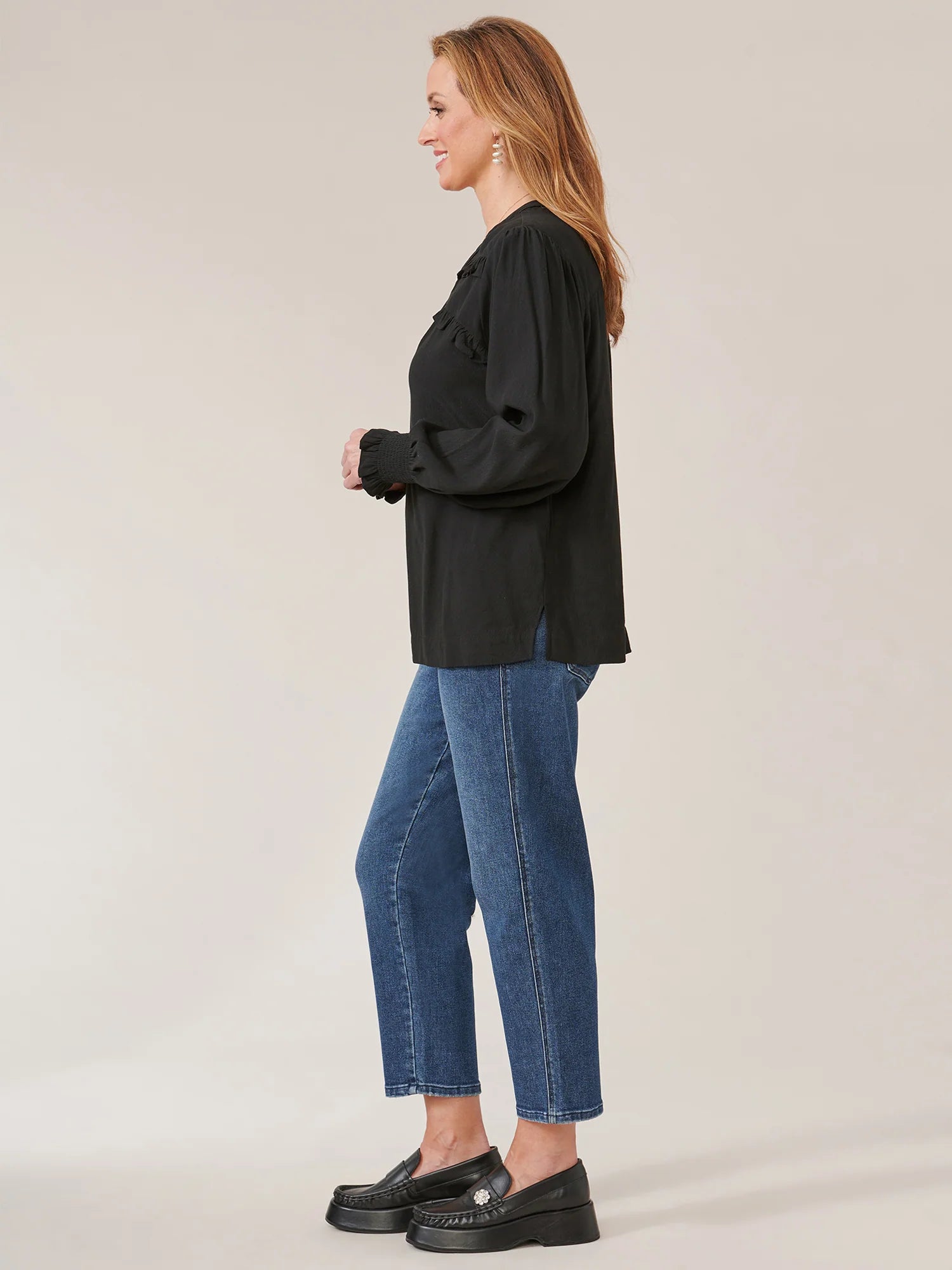 Long Sleeve Open V-Neck Double Ruffle Yoke Woven Top