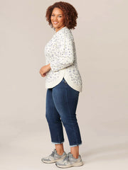 Long Sleeve Boatneck Printed Rounded Hem Plus Knit Top