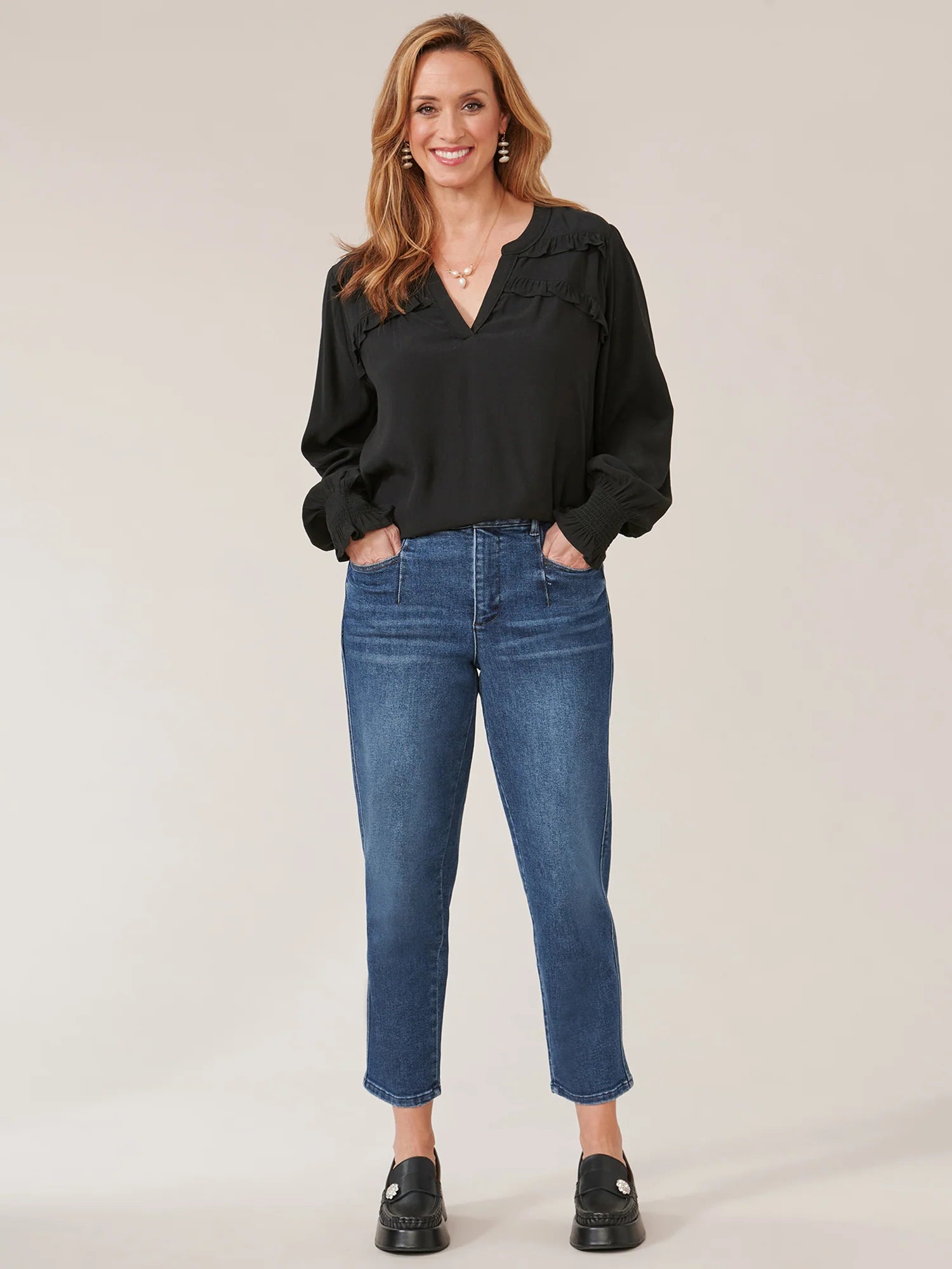 Long Sleeve Open V-Neck Double Ruffle Yoke Woven Top