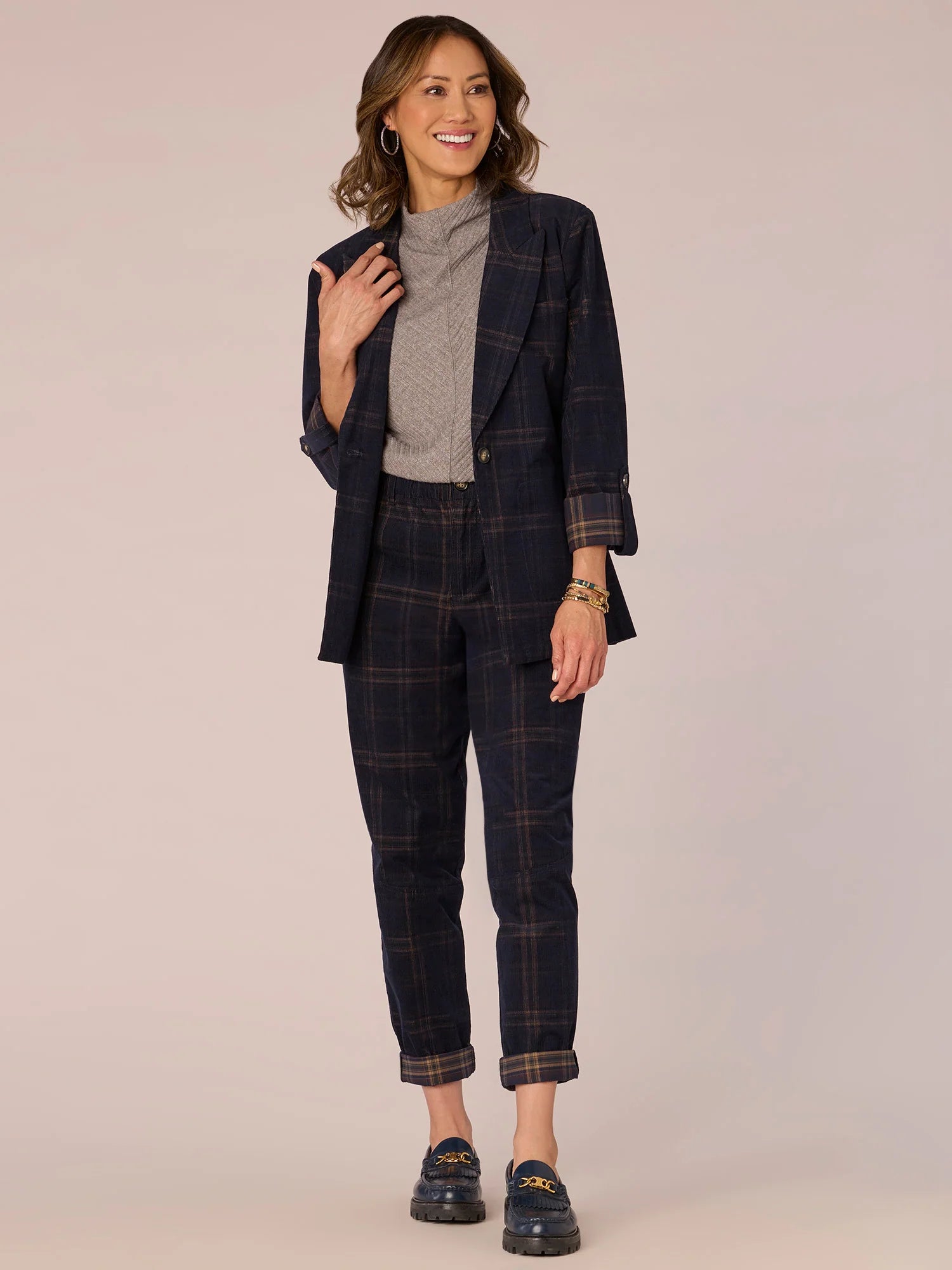 Long Sleeve Roll Tab Single Button Princess Seam Plaid Woven Blazer