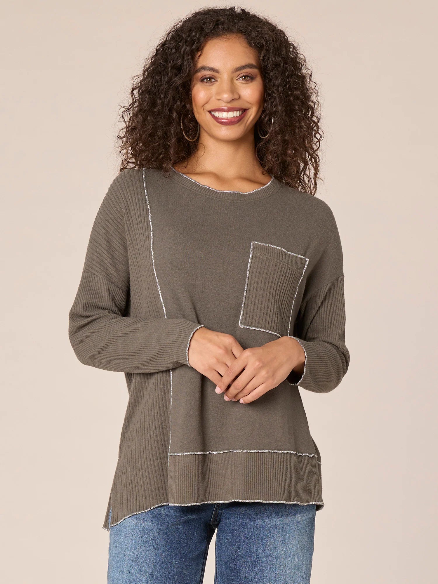Long Sleeve Scoop Neck Asymmetrical Hem Mixed Media Knit Top