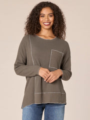 Long Sleeve Scoop Neck Asymmetrical Hem Mixed Media Knit Top