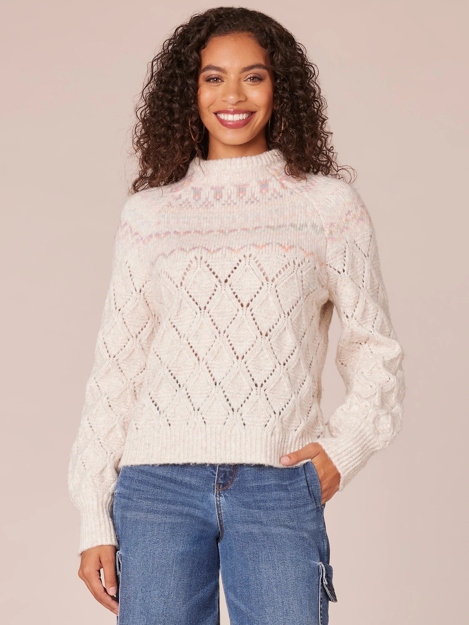 Long Sleeve Round Neck Fair Isle Yoke Pointelle Mix Sweater