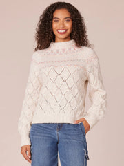 Long Sleeve Round Neck Fair Isle Yoke Pointelle Mix Sweater