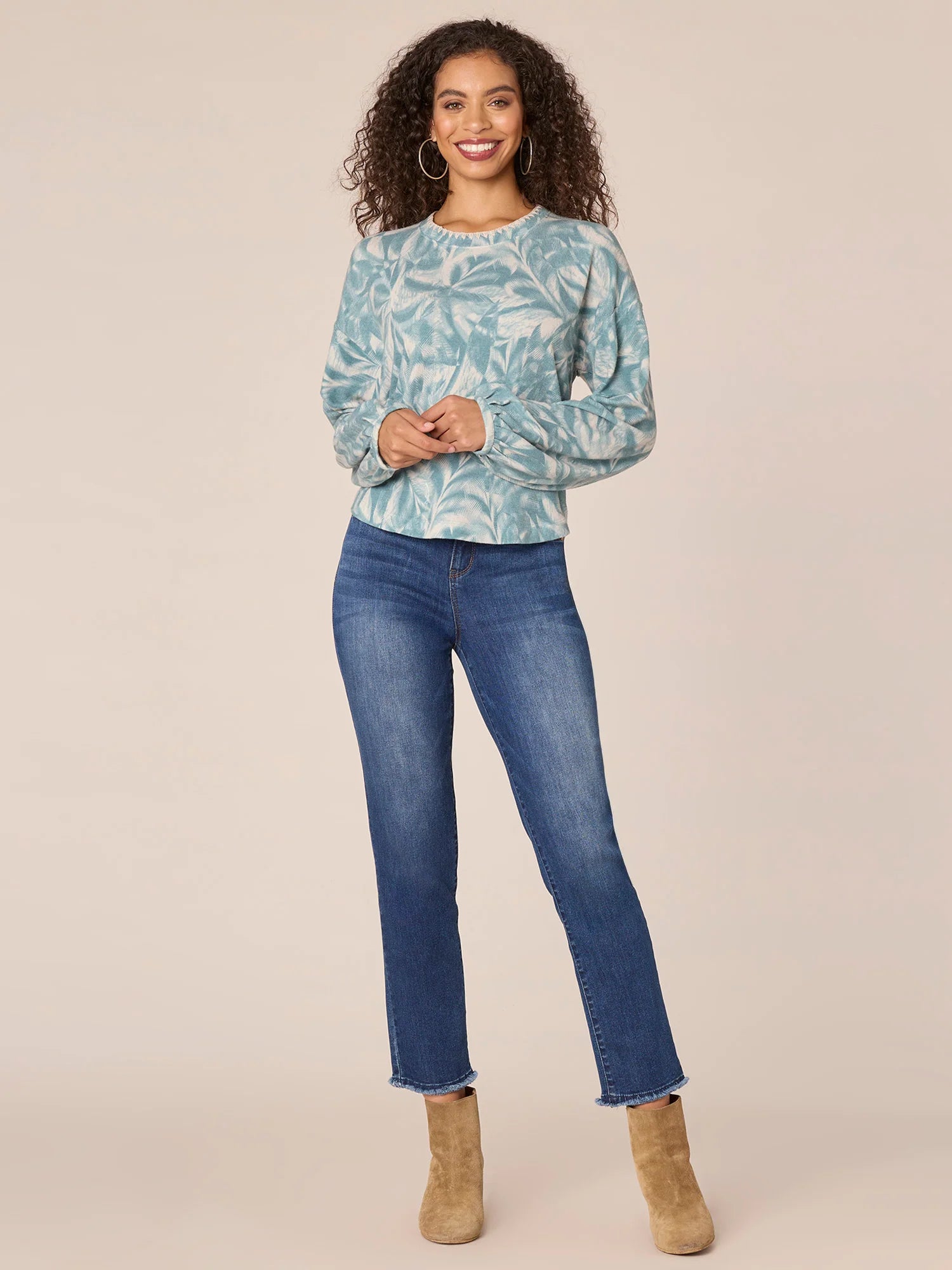 Long Sleeve Embroidered Scoop Neck Printed Hi-Low Knit Top