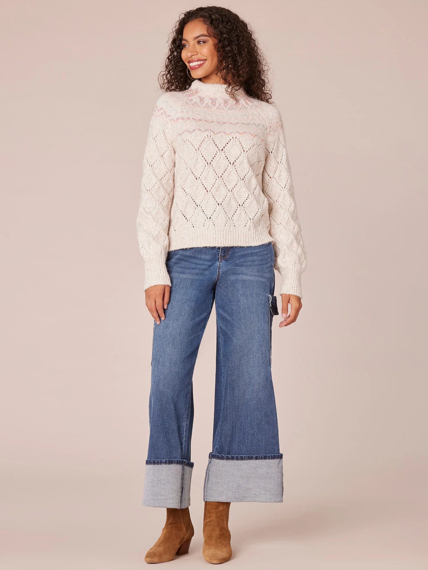 Long Sleeve Round Neck Fair Isle Yoke Pointelle Mix Sweater