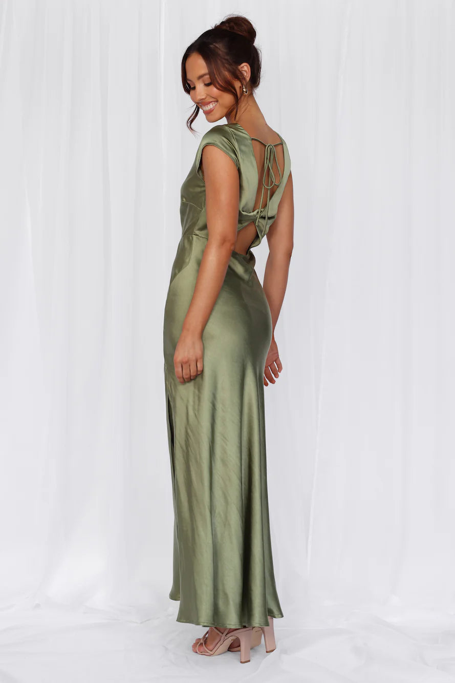 Beacnlady The Valentina Cap Sleeve Satin Maxi Dress Olive