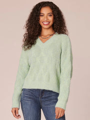 Long Sleeve Double V-Neck Two Tone Eyelash Sweater
