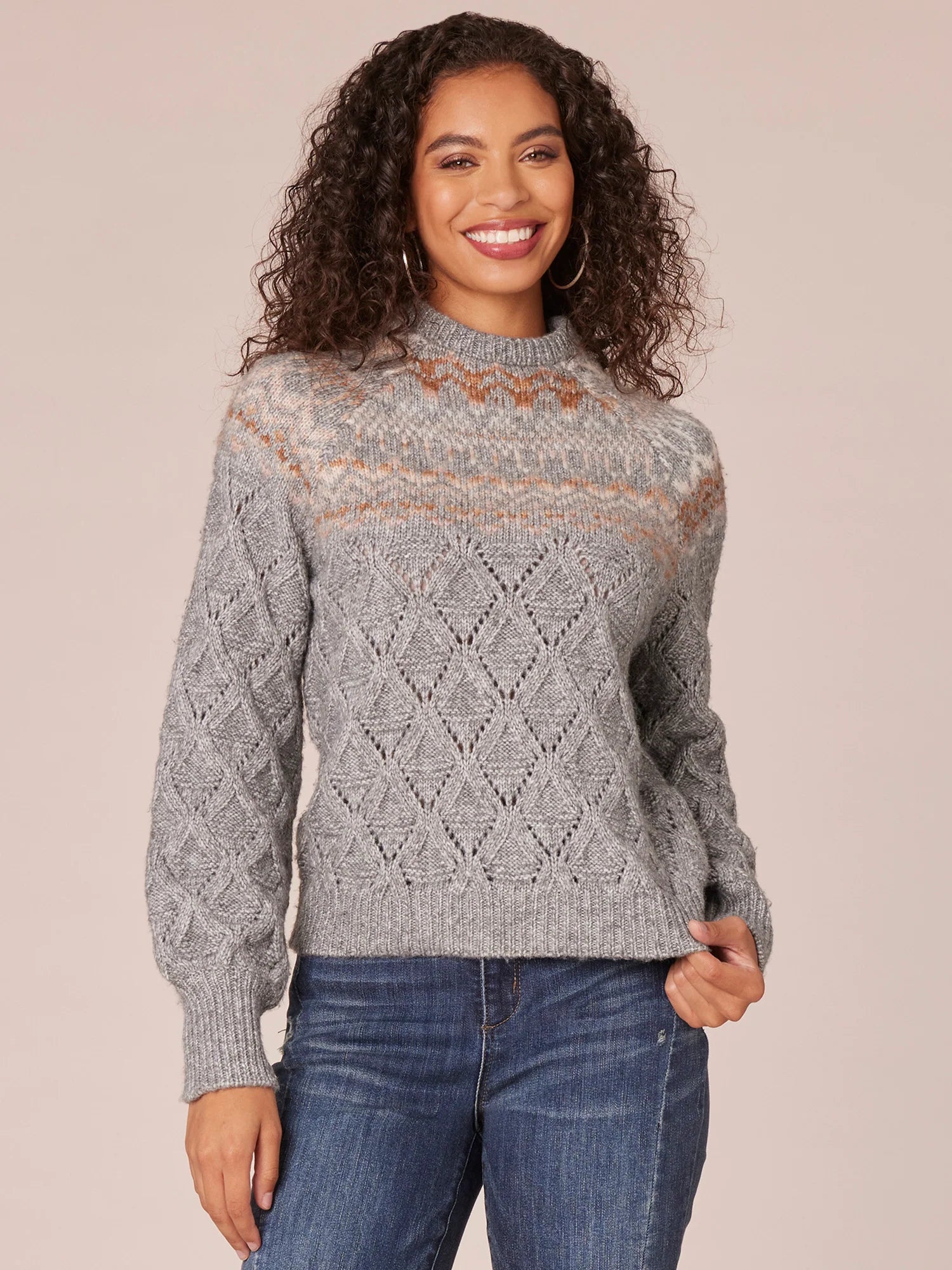 Long Sleeve Round Neck Fair Isle Yoke Pointelle Mix Sweater