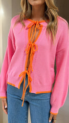 Hazina Tie Long Sleeve Knit Top - Pink / Orange