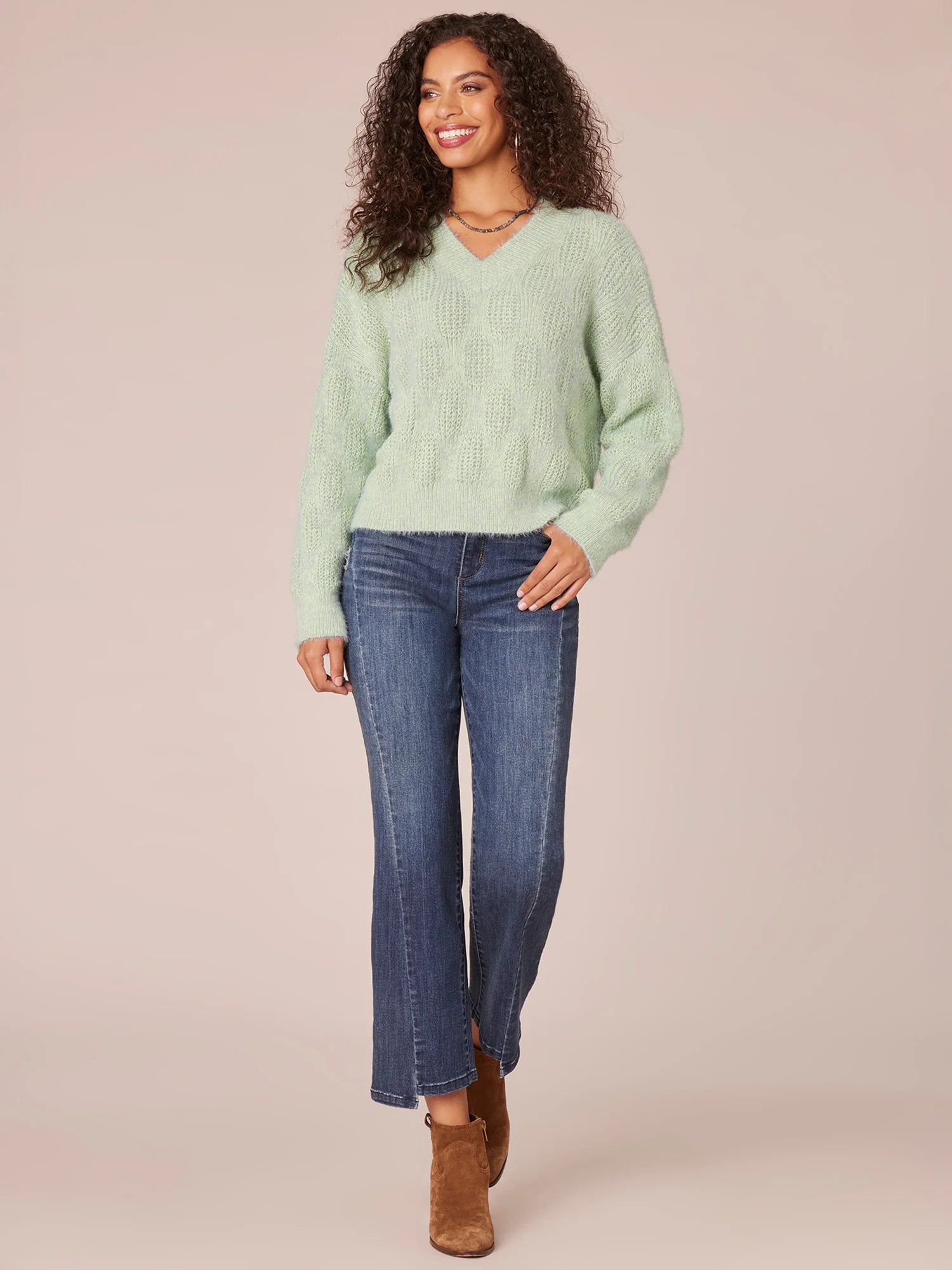Long Sleeve Double V-Neck Two Tone Eyelash Sweater