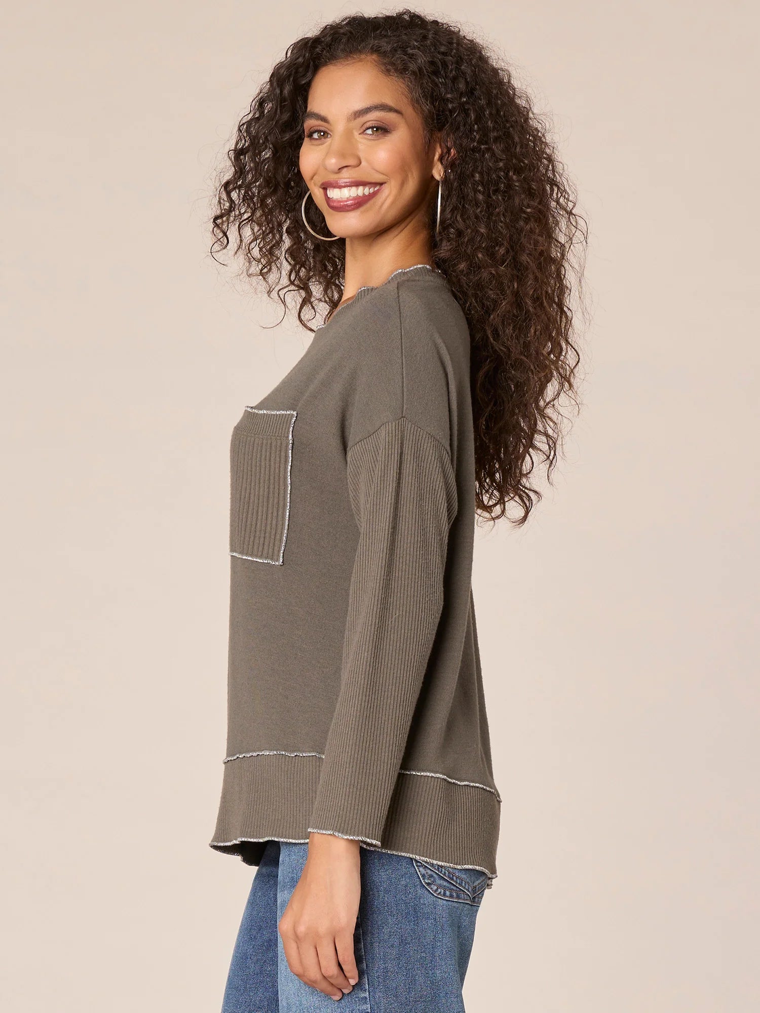 Long Sleeve Scoop Neck Asymmetrical Hem Mixed Media Knit Top