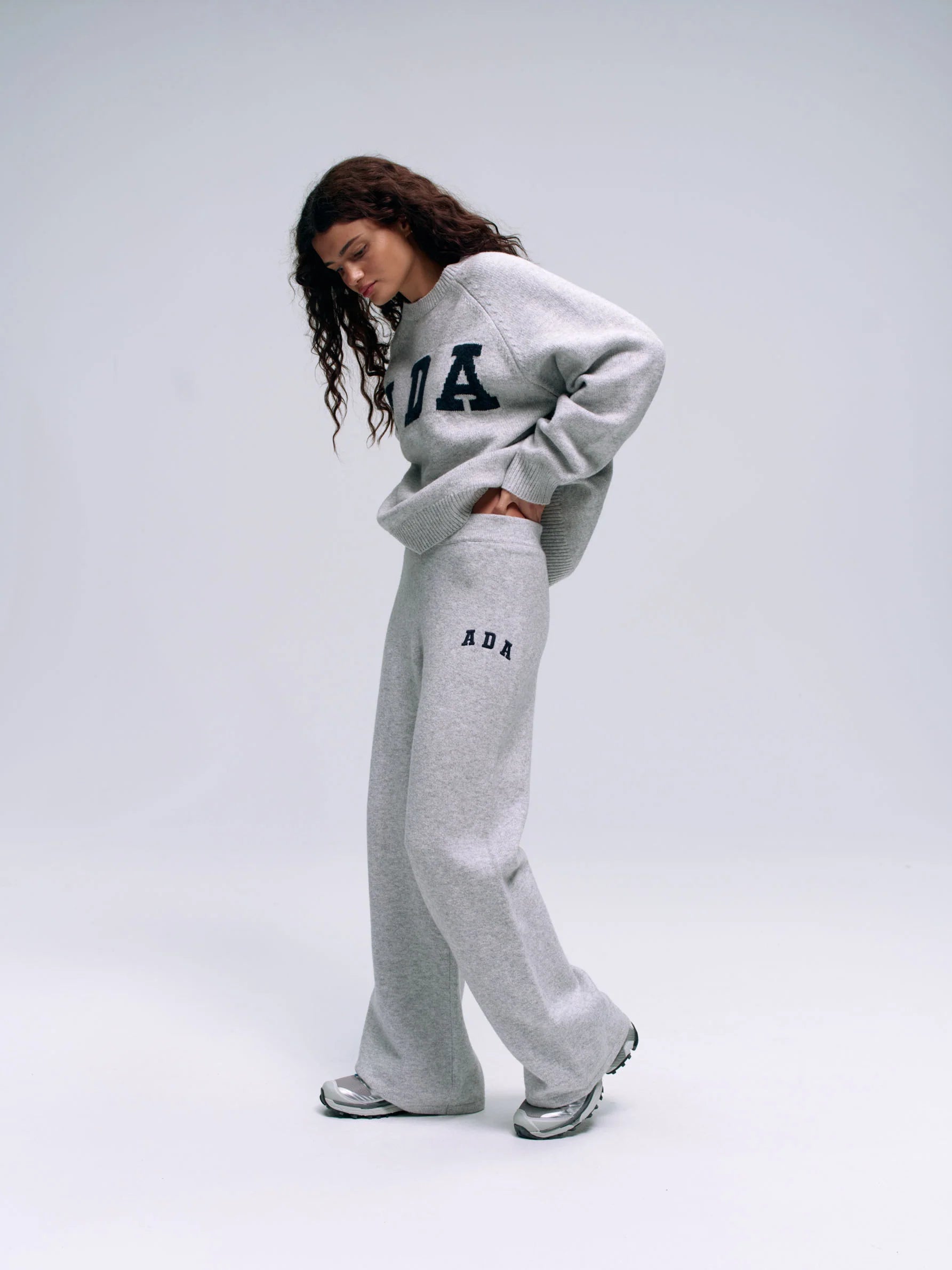 ADA Knit Straight Leg Sweatpants  - Light Grey Melange/Navy Blue