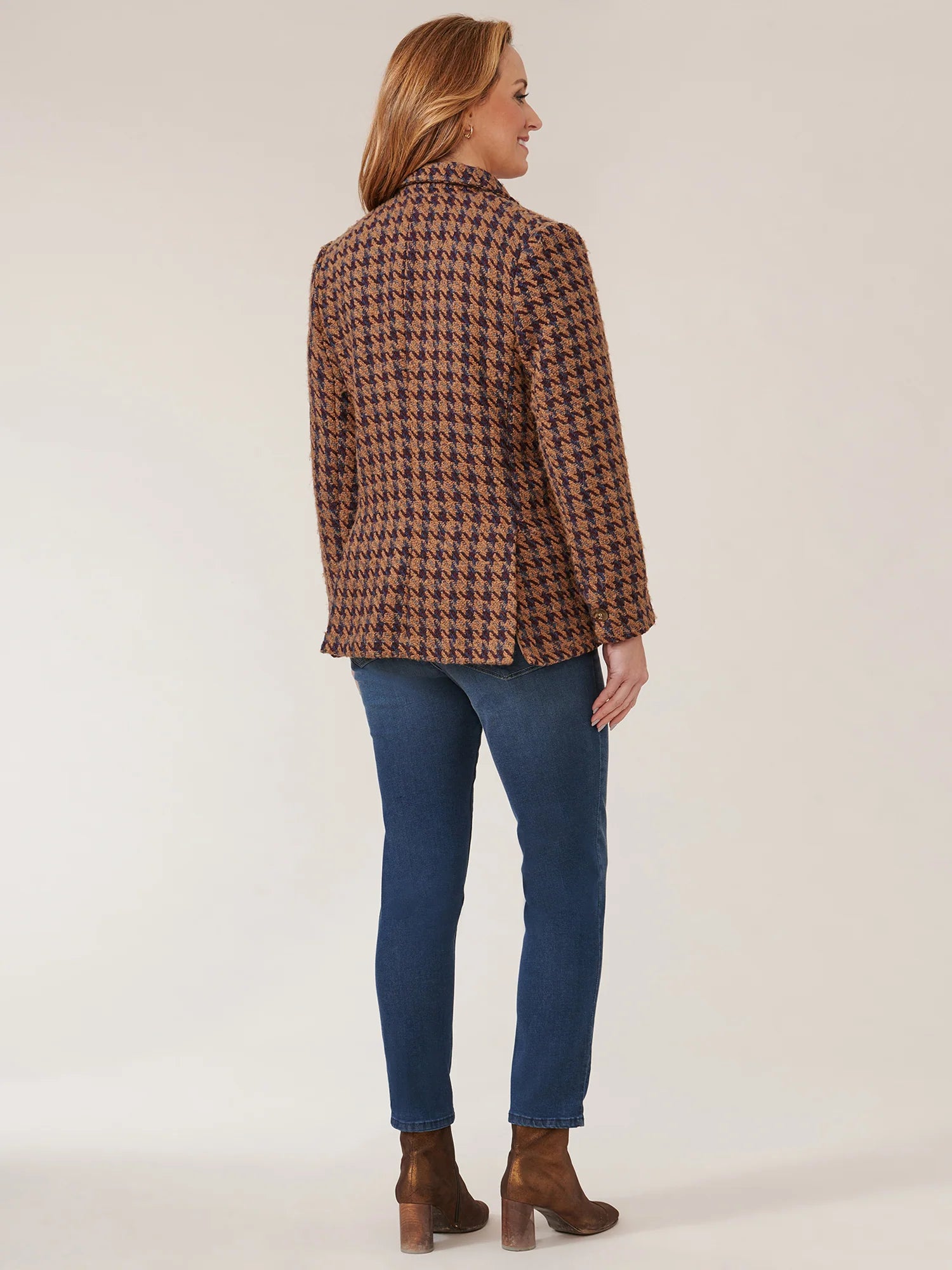 Long Sleeve Patch Pocket Houndstooth Double Breasted Blazer