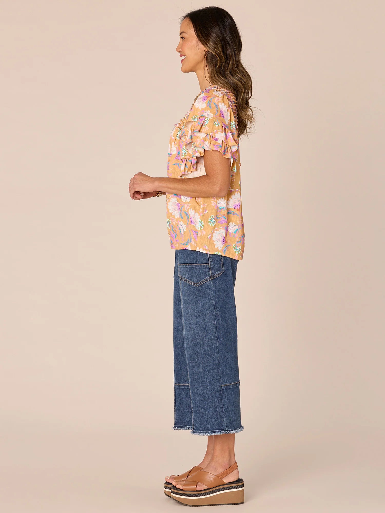 Triple Ruffle Sleeve Round Neck Floral Print Petite Woven Top