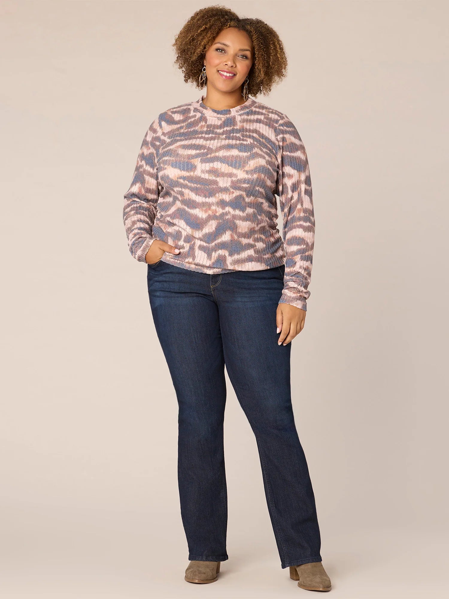 Long Sleeve Crew Neck Ruched Abstract Print Plus Size Knit Top