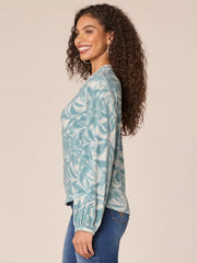 Long Sleeve Embroidered Scoop Neck Printed Hi-Low Knit Top