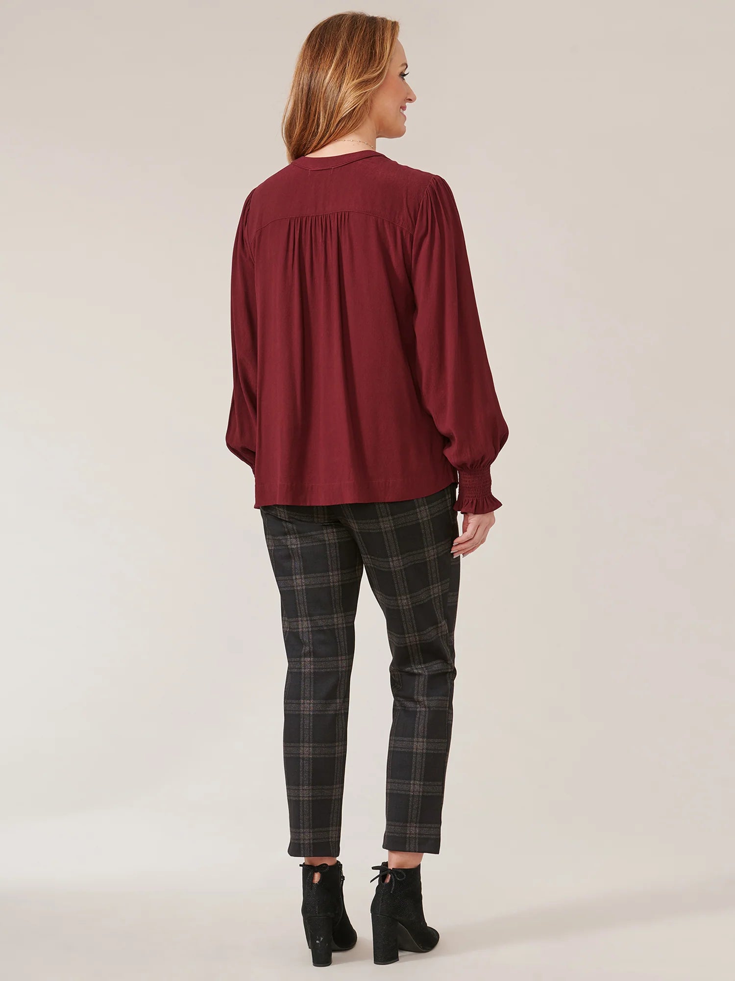 Long Sleeve Open V-Neck Double Ruffle Yoke Woven Top